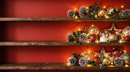 Christmas holiday decoration with ornaments pinecones and fairy lights on wooden shelves against red wall background