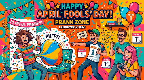 Happy april fools' day playful prank scene with friends laughing and having fun in colorful prank zone