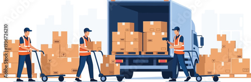 Warehouse team loading delivery truck vector