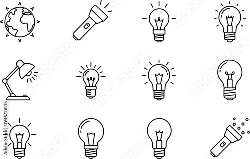 Black, outline, icons, of, light, bulbs, flashlights, desk, lamps, and, sun, rays, over, earth, isolated, on, white, background, vector, setWeb