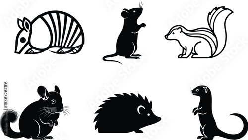 black and white illustrations of various small animals on white background