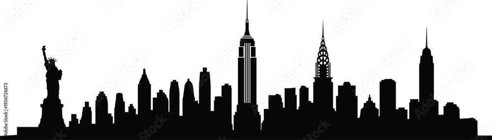 Obraz premium Black silhouette of New York City skyline featuring Statue of Liberty Empire State Building and Chrysler Building on white background