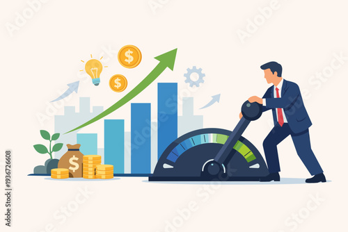 Businessman pulling a large lever to accelerate business growth, financial profit, and investment success. Concept of rising revenue, economic development, market analysis, and strategic planning.