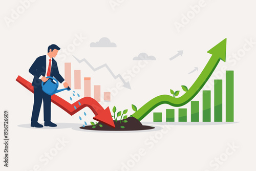 Businessman watering a plant growing from a red downward arrow turning into a green upward arrow, symbolizing economic recovery, financial growth, investment stimulus, and profit rebound.