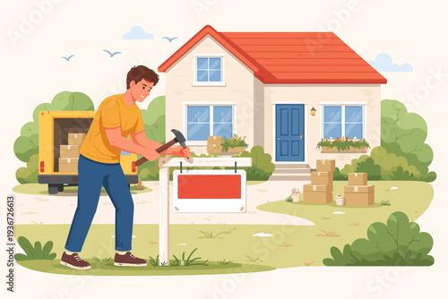 Man Hammering a For Sale Sign in Front of a New House, Moving Concept with Delivery Truck and Cardboard Boxes, Real Estate Property Sale and Residential Relocation Vector Illustration