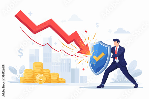 Businessman Protecting Wealth with Shield Against Falling Red Arrow in Economic Downturn. Concept of Financial Risk Management, Market Crash Prevention, Investment Security, and Global Recession.