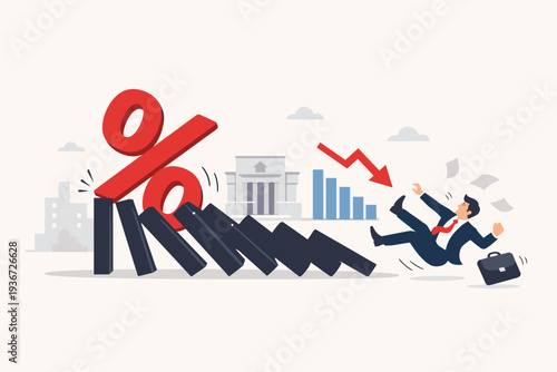Interest Rate and Inflation Impact on Global Economy and Investment Market with Federal Reserve Monetary Policy Causing a Domino Effect and Financial Crisis as Businessman Falls in Recession