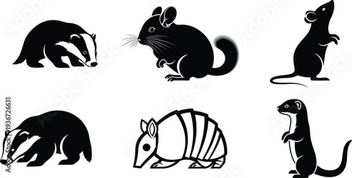 black silhouette illustrations of various animals on white background