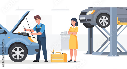 Auto mechanic and customer at car lift vector