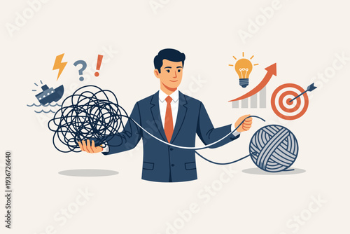 Professional Leader Untangling Chaos into Order, Symbolizing Business Problem Solving, Strategic Decision Making, and Mental Clarity to Achieve Goals, Growth, and Success in Difficult Times.