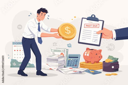 Stressed Businessman Handing Over Money for Past Due Debt, Living Paycheck to Paycheck Concept with Bills, Calculator, and Piggy Bank, Financial Crisis and Monthly Loan Repayment Illustration