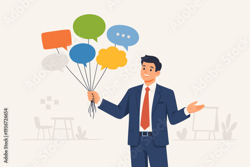 Businessman in a suit holding colorful speech bubble balloons representing a meeting summary, brainstorming session recap, or collective agreement on ideas in a professional office environment.