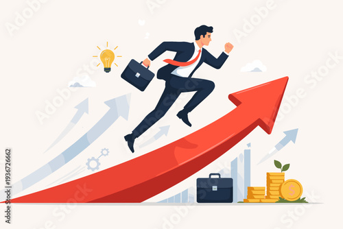 Ambitious businessman running up a rising red arrow towards success and career growth. Concept of motivation, leadership, financial profit, and innovative ideas for business development and goal.