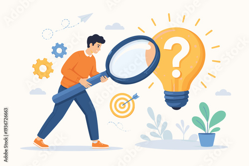 Man Holding Huge Magnifying Glass Looking at Light Bulb with Question Mark, Concept of Problem Solving, Finding Creative Ideas, Business Research, Innovation and Analysis Flat Vector Illustration