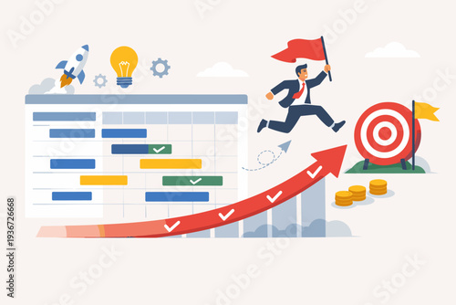 Business Project Management Concept with Gantt Chart to Track Tasks and Workflow Progress, Professional Jumping Towards Target with Flag, Rocket Launch, Idea Bulb, and Growth Arrow for Success.