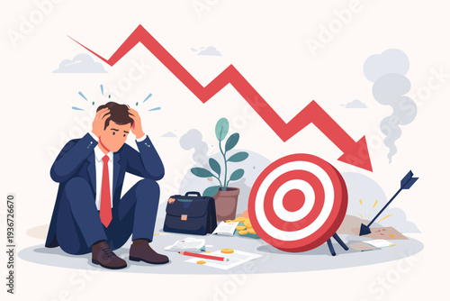 Stressed Businessman Sitting on Floor with Head in Hands Near a Downward Red Arrow and Missed Target, Representing Financial Loss, Business Failure, Economic Crisis, and Bankruptcy Concept.