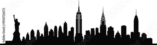 Black silhouette of New York City skyline featuring Statue of Liberty Empire State Building and Chrysler Building on white background