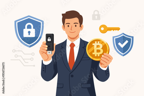 Businessman holding a Bitcoin coin and a hardware wallet for secure cryptocurrency storage, featuring security icons like shields, locks, and keys for digital asset protection and safety.
