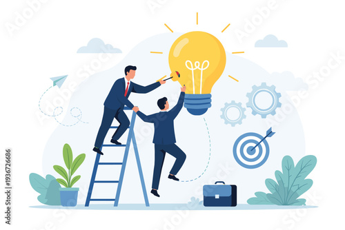 Businessmen collaborating to fix a giant glowing light bulb, symbolizing teamwork, innovation, and creative problem solving to achieve success and corporate goals through partnership and support.