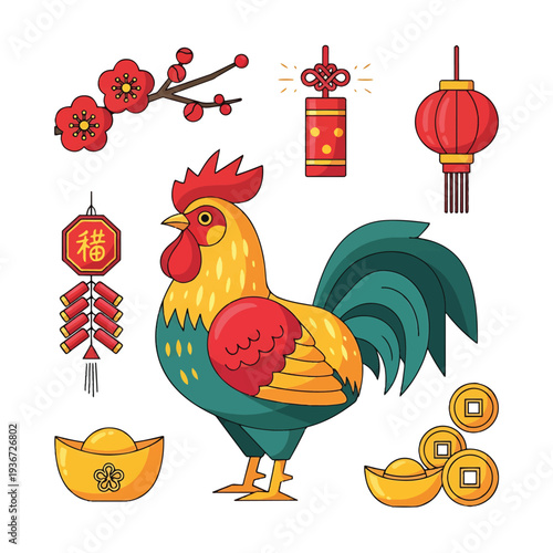 Colorful Rooster with Chinese New Year Symbols.