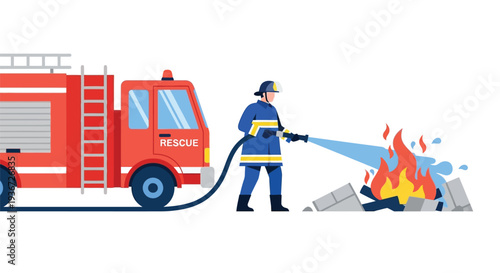 Firefighter battling blaze with hose vector