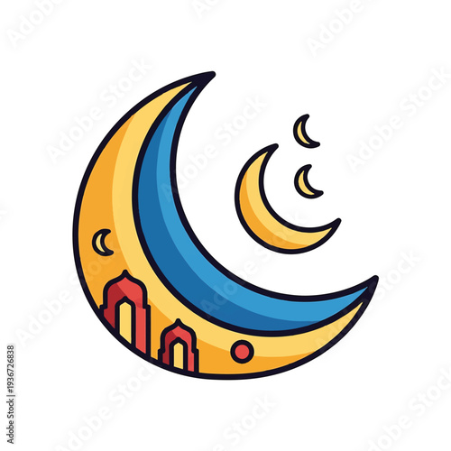 Crescent Moon Cartoon Illustration with Patterns.