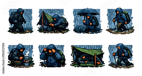 Hooded hikers camping and walking in heavy rain on muddy ground