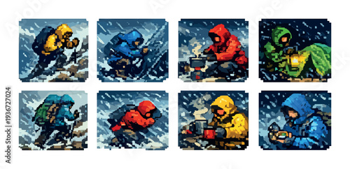 Hooded climbers traversing and sheltering on snowy mountain slopes