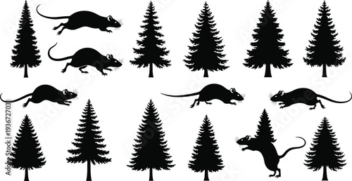 Black silhouettes of rats and pine trees, cad drawing flat vector illustration of rodents in forest nature scene, animal set