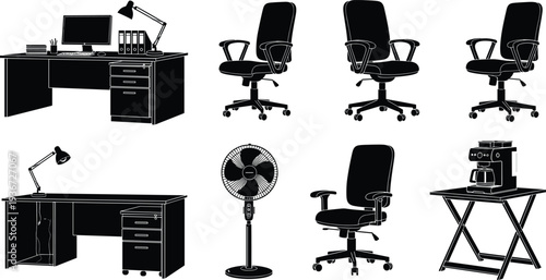office furniture silhouette set, desk, office chair, computer workstation, table, fan, coffee machine, modern workspace equipment vector illustration collection