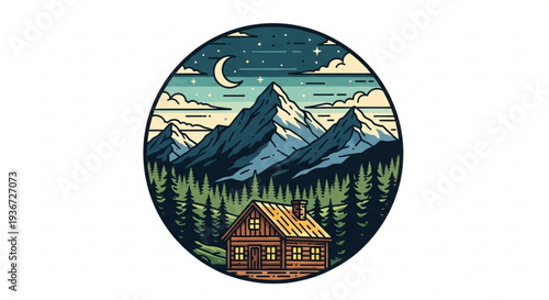 Cozy cabin in mountains under starry night sky with crescent moon and snow capped peaks surrounded by evergreen trees