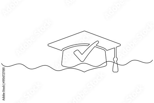 Graduation cap and check mark continuous one line drawing minimalist vector illustration