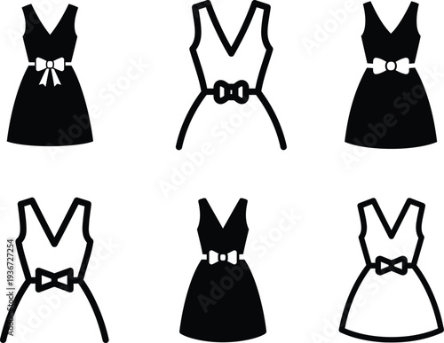 Collection of six different dress silhouettes with bows on the waist