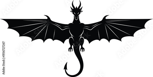 Black silhouette of a powerful flying dragon with large spread wings and sharp tail isolated on white background flat vector
