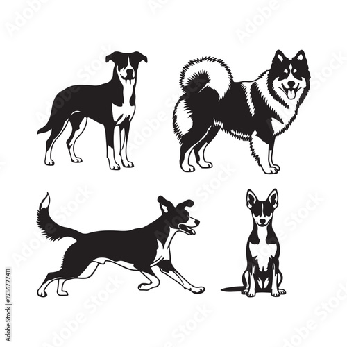 A black and white illustration of four different dogs in various poses