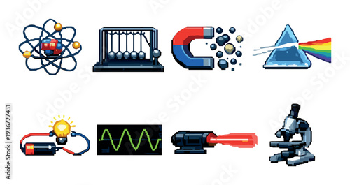 Physics and laboratory icons showing experiments and instruments