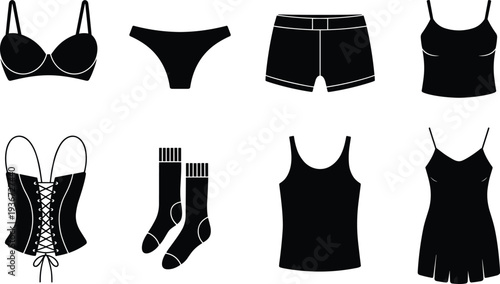Black women clothing icons, lingerie set, bra, panties, shorts, camisole, corset, socks, tank top, dress, fashion silhouette collection