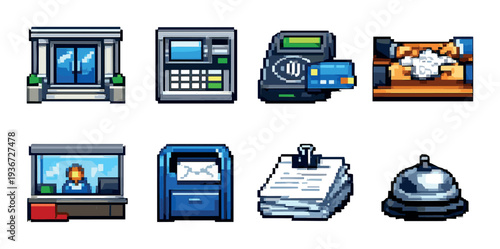 Banking and hotel service icons arranged in grid on gray background