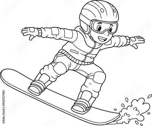 Happy kid snowboarding cartoon, child winter sport outline, snowboarding boy sketch, extreme snow activity, line art winter fun drawing