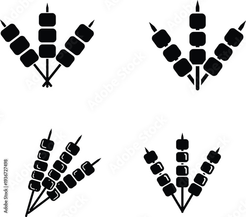 Four black and white icons of marshmallow campfire skewers on white background