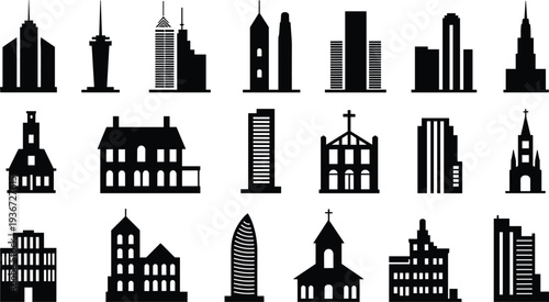 Building silhouettes collection with skyscrapers houses churches apartments towers diverse architecture illustration, urban city design template, construction concept graphic