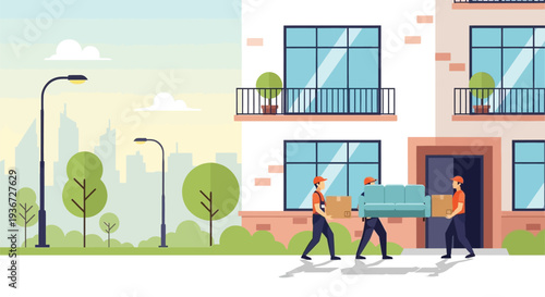 Movers carrying furniture into house vector