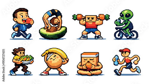 Assorted pixel characters exercising with food on gradient background