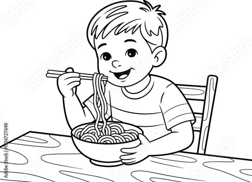 Happy little boy eating noodles with chopsticks at the table, enjoying meal, child food, family dinner, healthy eating, Asian cuisine