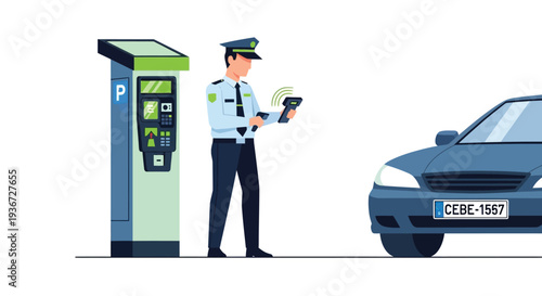 Parking enforcement officer scanning car vector