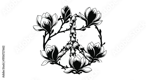 Intricate floral peace symbol graphic with detailed botanical elements in a striking monochrome design, representing harmony and tranquility
