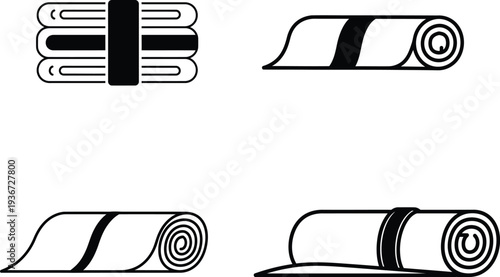 Four rolled up yoga mats in different positions on white background