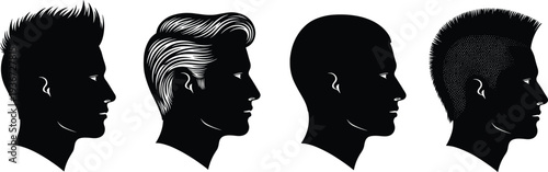 Collection of four black male head silhouettes in profile view featuring different modern hairstyles isolated on white background