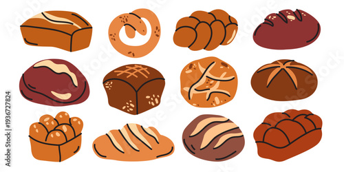 Collection of various bread types, including baguette, loaf, rye bread and buns in cartoon groovy style. Hand drawn flat vector illustrations of bakery products for stickers, labels, prints