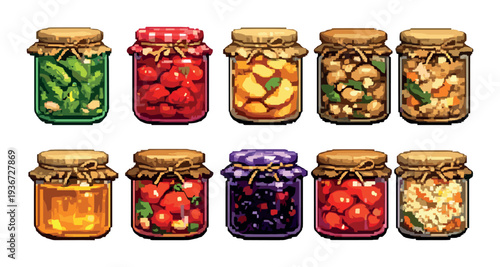 Assorted preserved jars with cloth lids in two rows on warm background